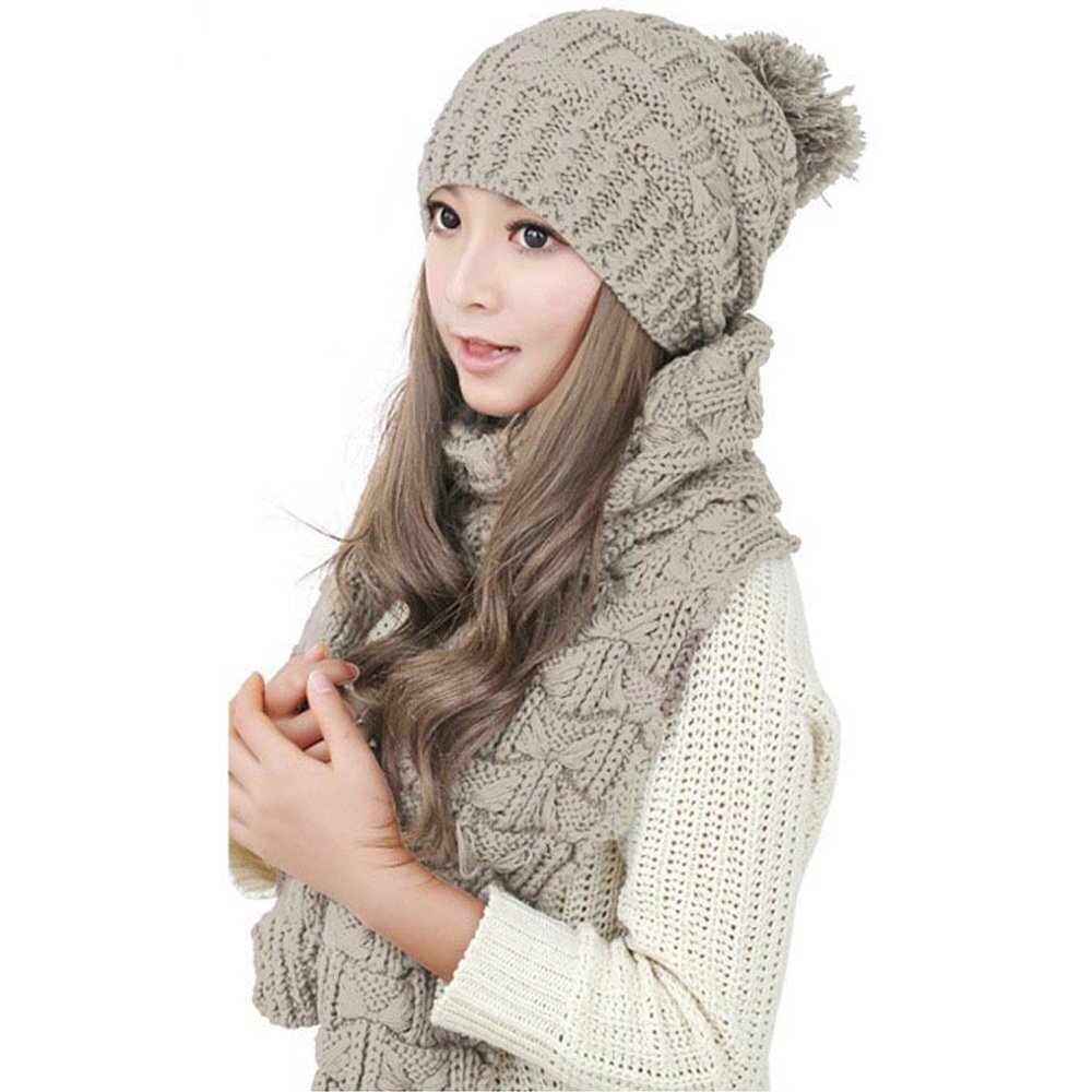 3615 Girls Fashion Winter Warm Knitted Hat Beanie Hat Scarf Set Beige